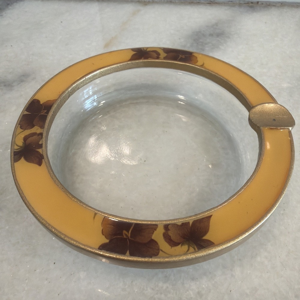 Vintage Bucklers Inc Enamel Trim Glass Ashtray With Yellow Floral Trim